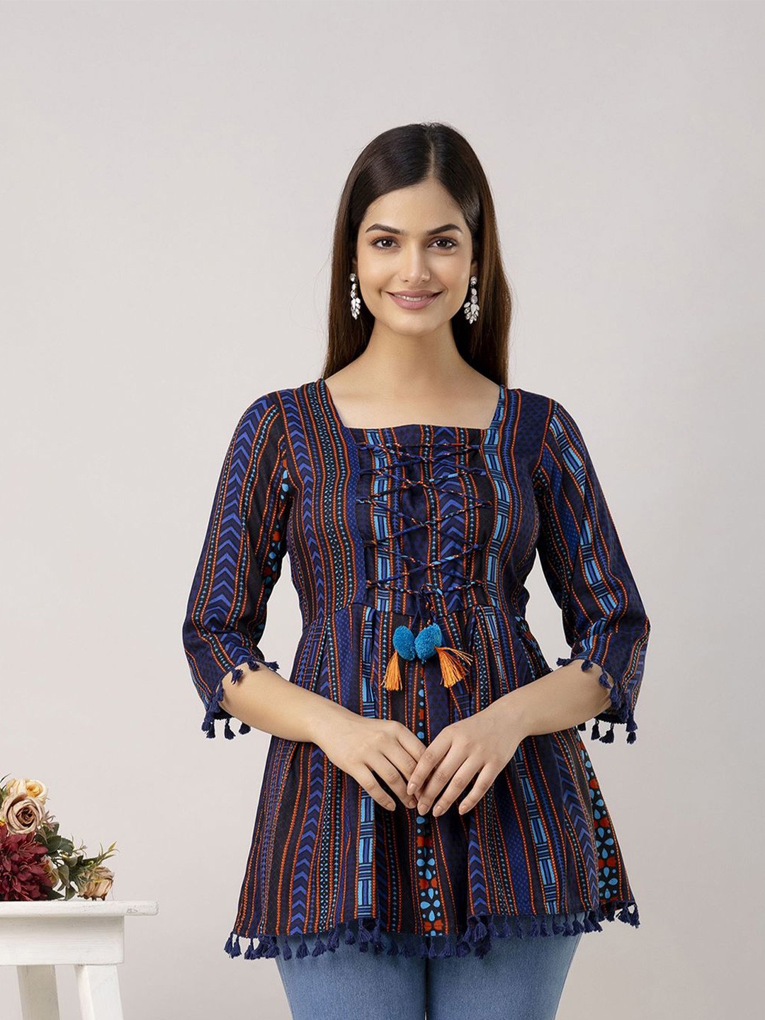 

SHOOLIN Square Neck Printed Cotton Top, Blue