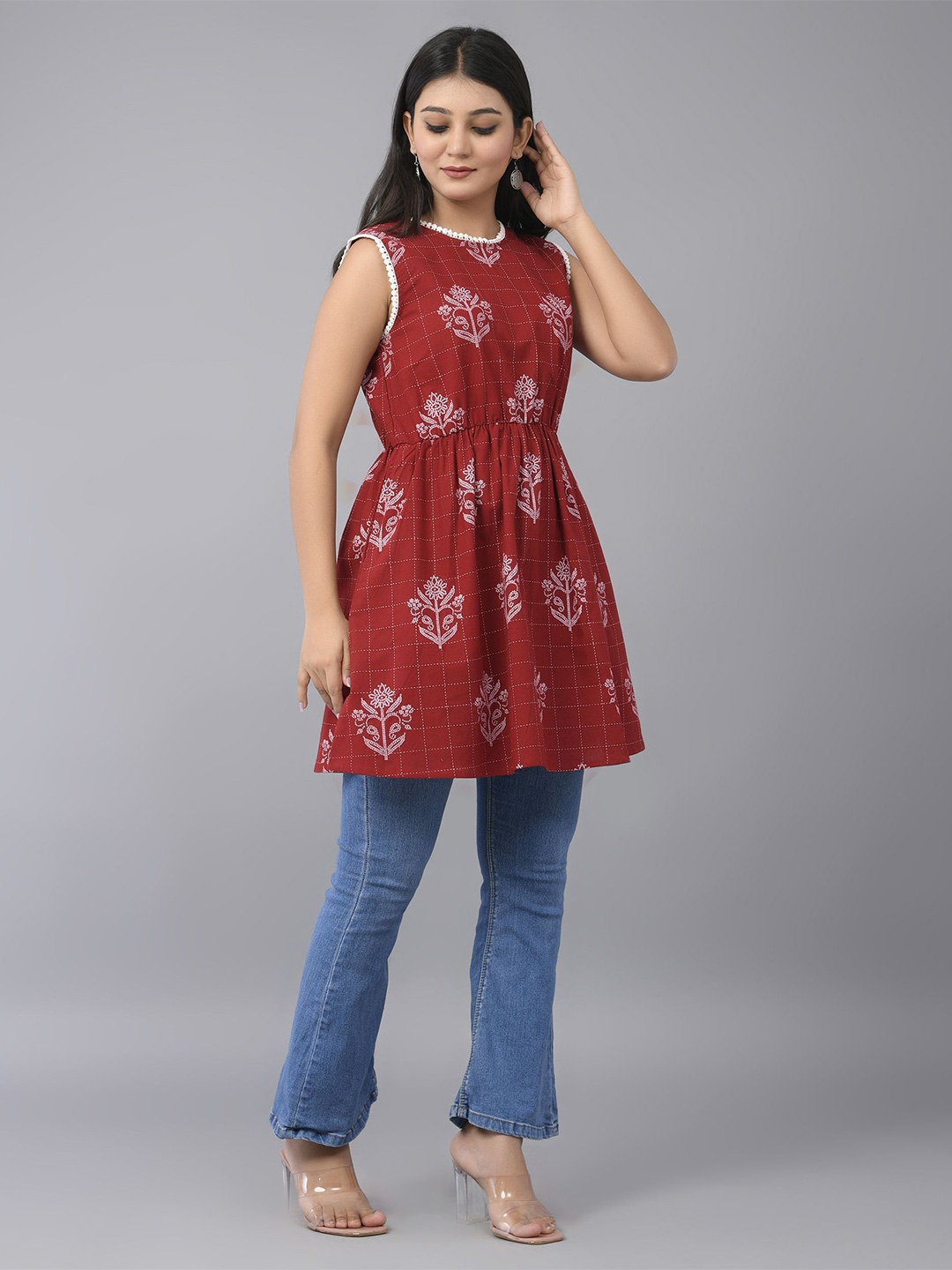 

SHOOLIN Round Neck Sleeveless Printed Cotton Top, Maroon