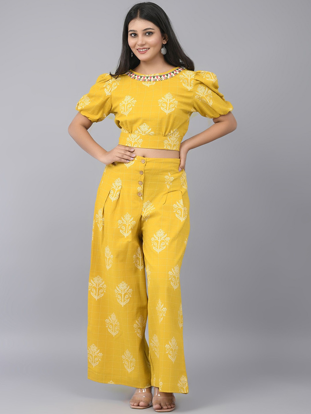 

SHOOLIN Round Neck Pure Cotton Top With Palazzo Co-Ords, Mustard