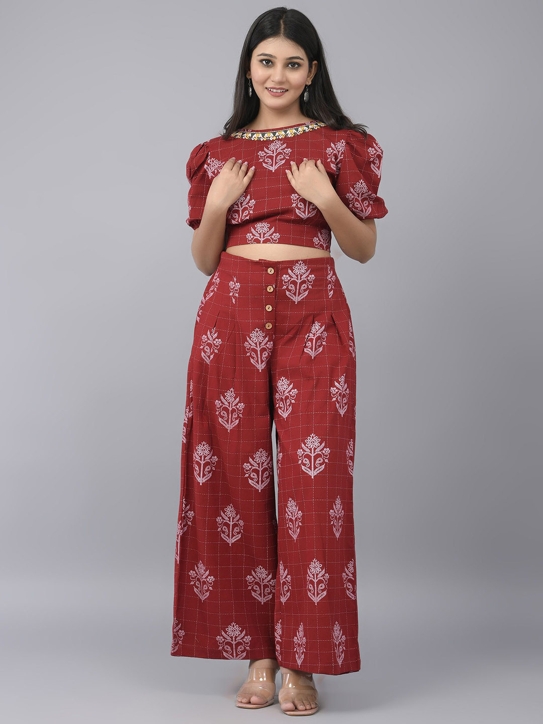 

SHOOLIN Ethnic Motifs Pleated Pure Cotton Top with Palazzos, Maroon