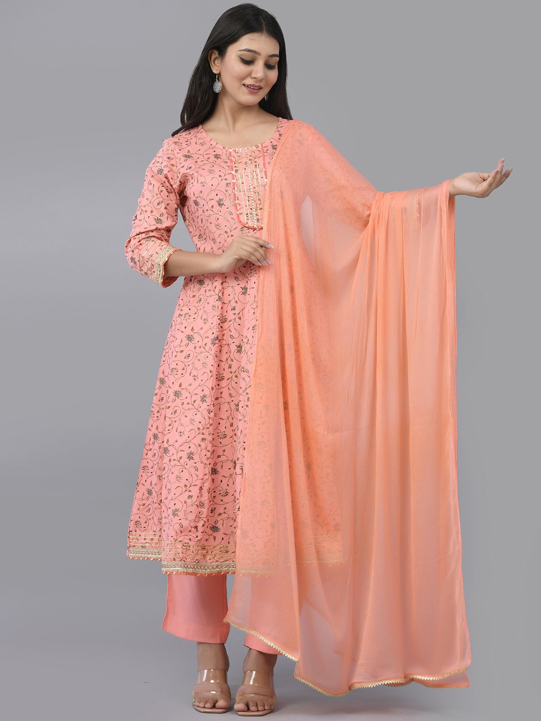 

SHOOLIN Floral Printed Gotta Patti Panelled Anarkali Kurta With Trousers & Dupatta, Peach