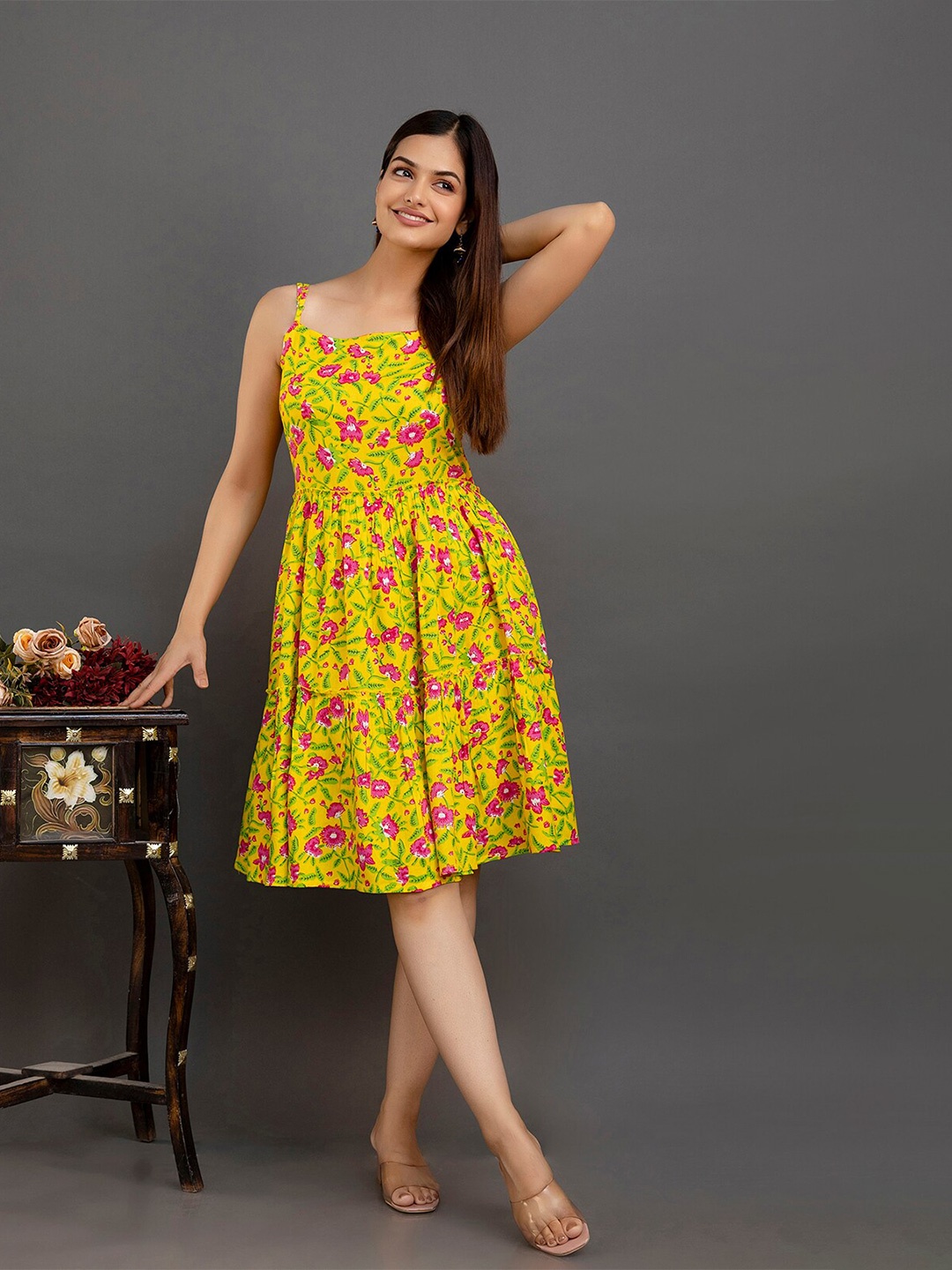 

SHOOLIN Floral Print Fringed Maxi Midi Dress, Yellow