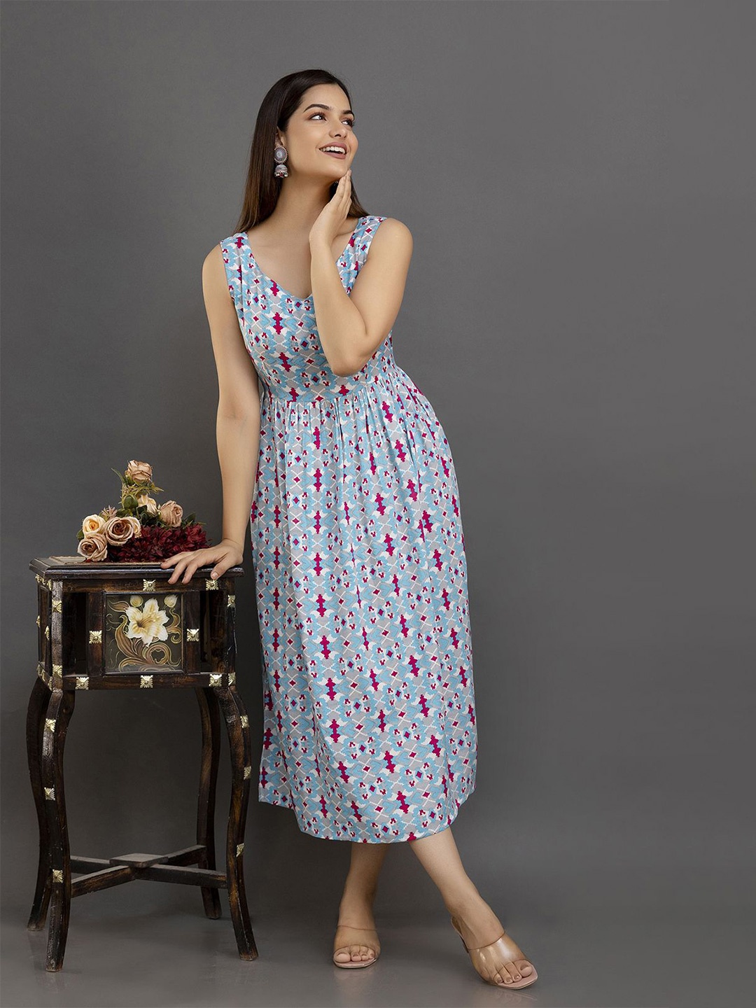 

SHOOLIN Women Printed Cotton Maxi Midi Dress, Turquoise blue