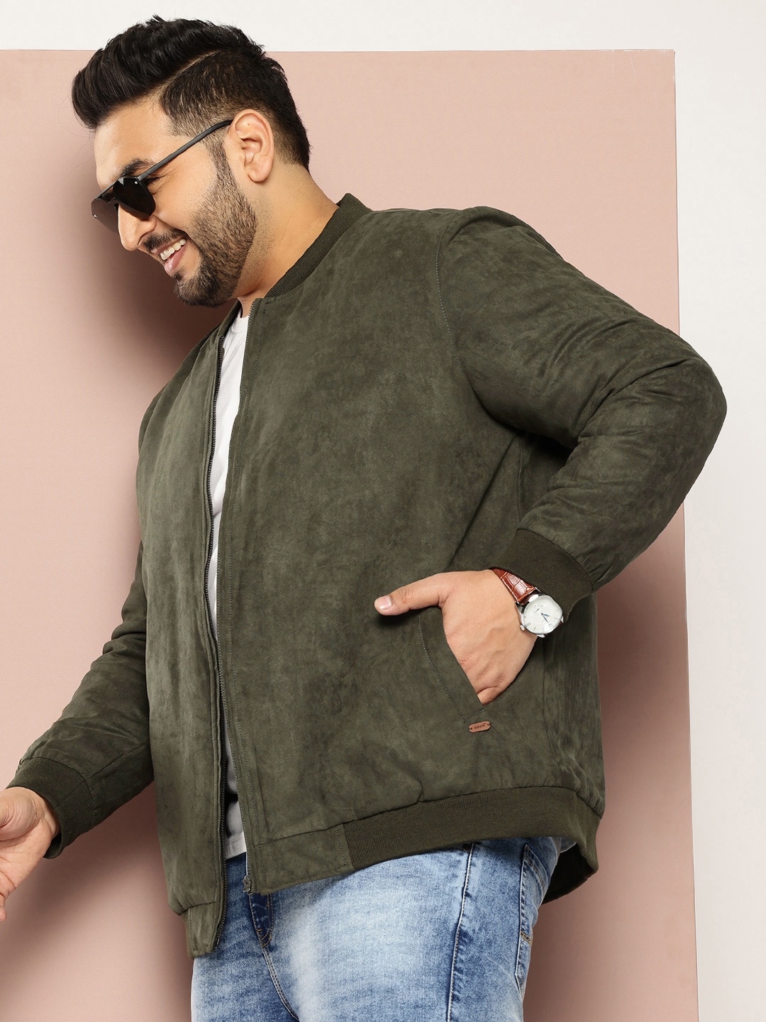 

Sztori Plus Size Velvet Finish Bomber Jacket, Olive