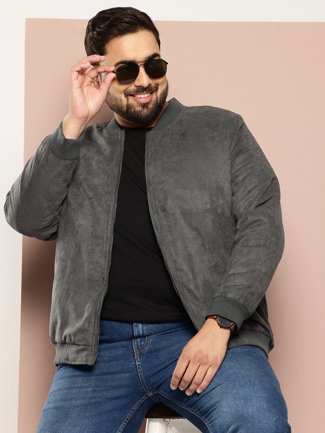 

Sztori Plus Size Velvet Finish Bomber Jacket, Charcoal