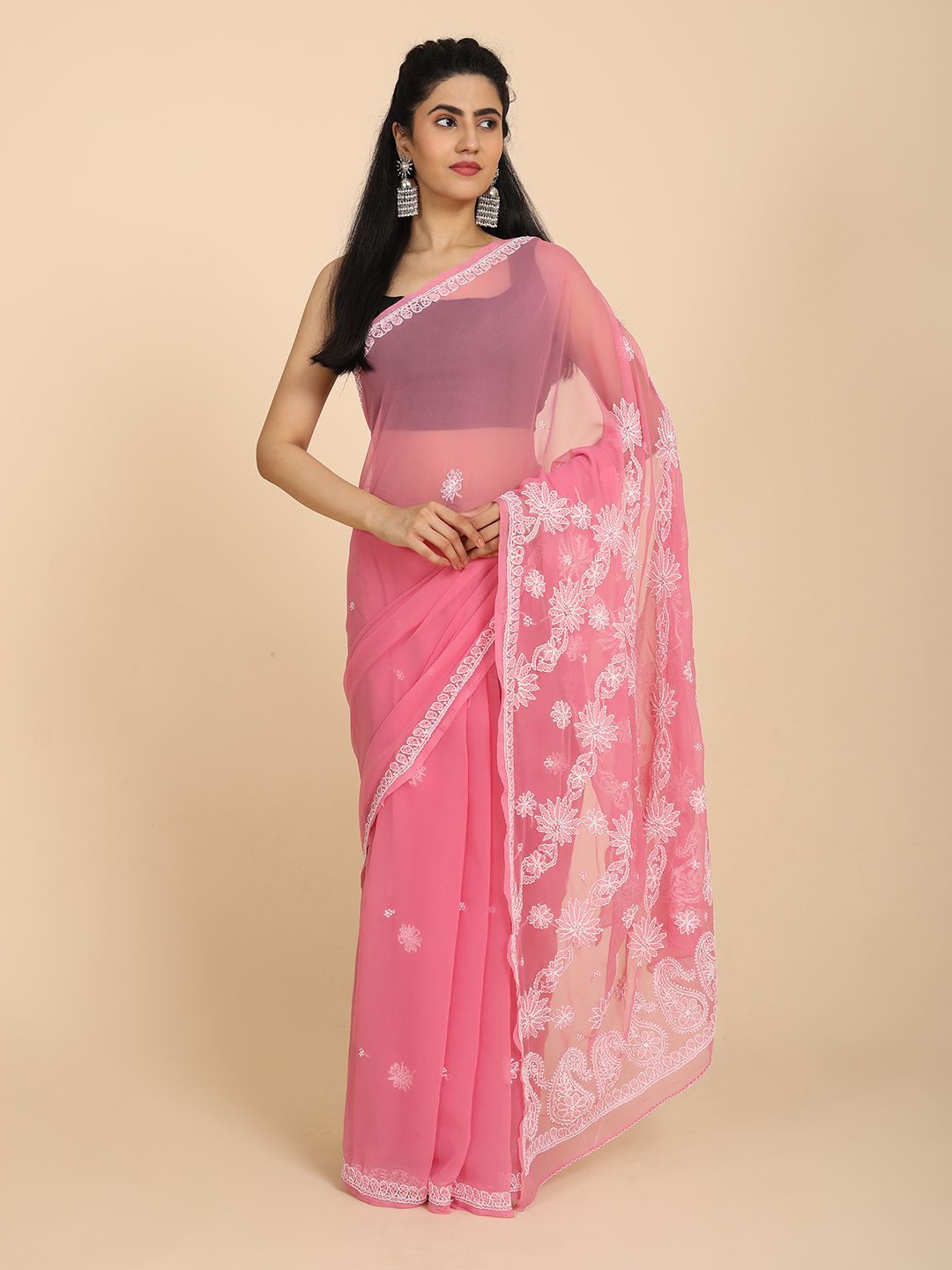 

HELLA FASHIONS Ethnic Motifs Chikankari Saree, Pink
