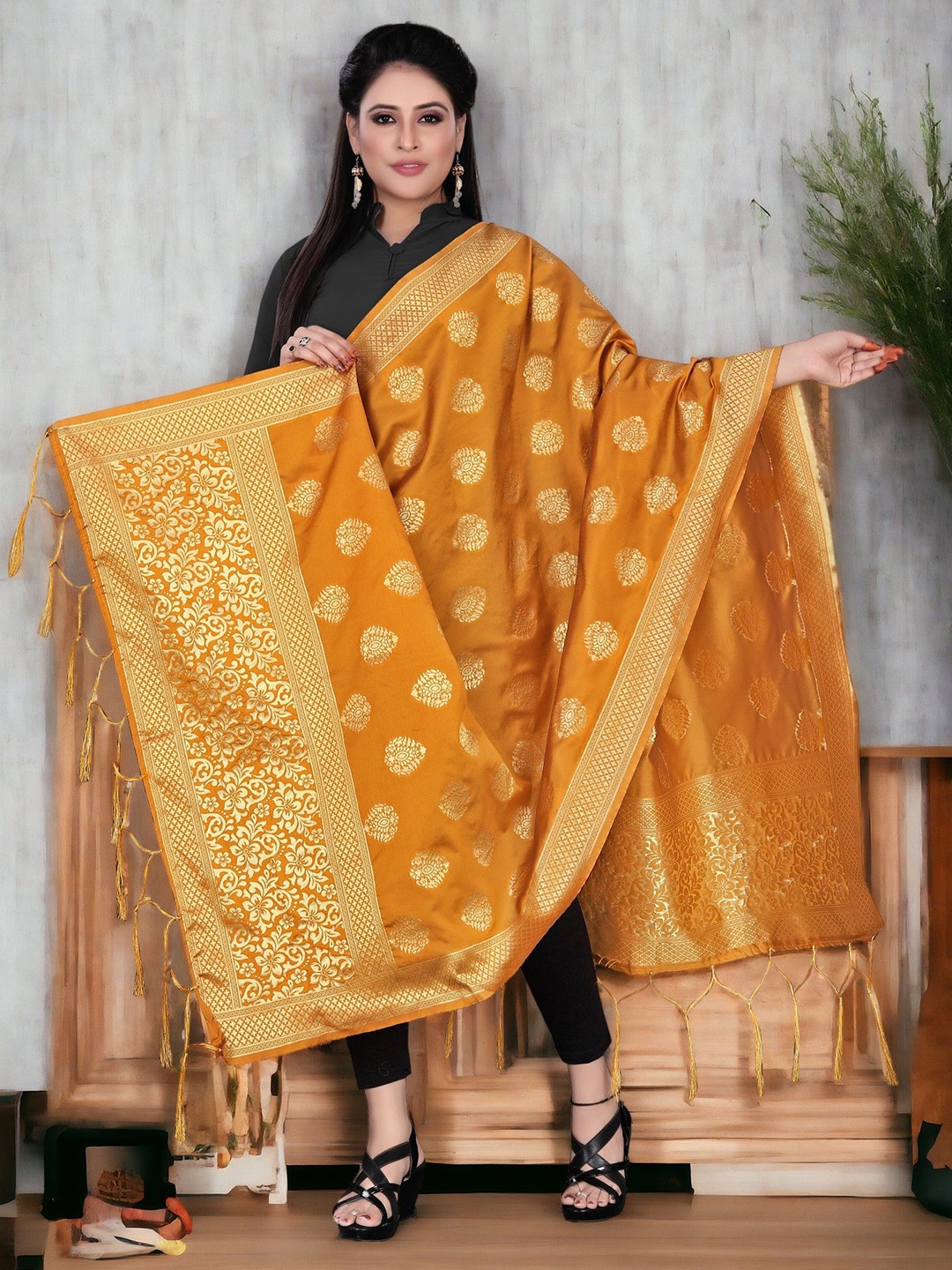 

CARTYSHOP Woven Design Dupatta with Zari, Mustard