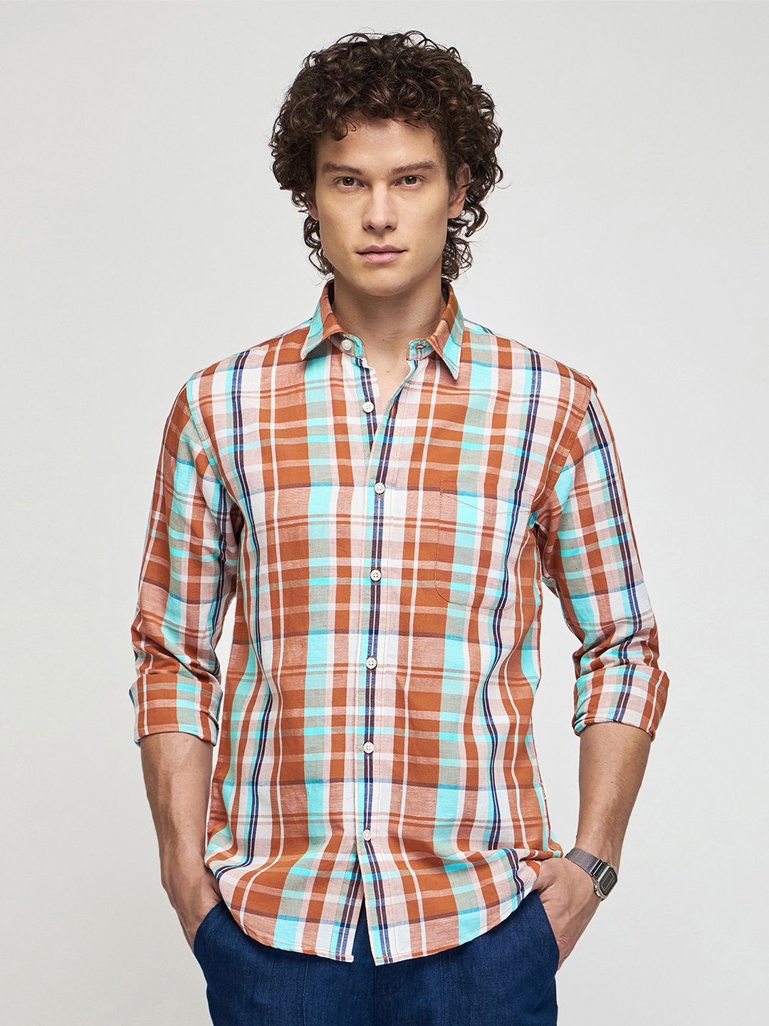 

Red Flame Checked Pure Linen Casual Shirt, Orange