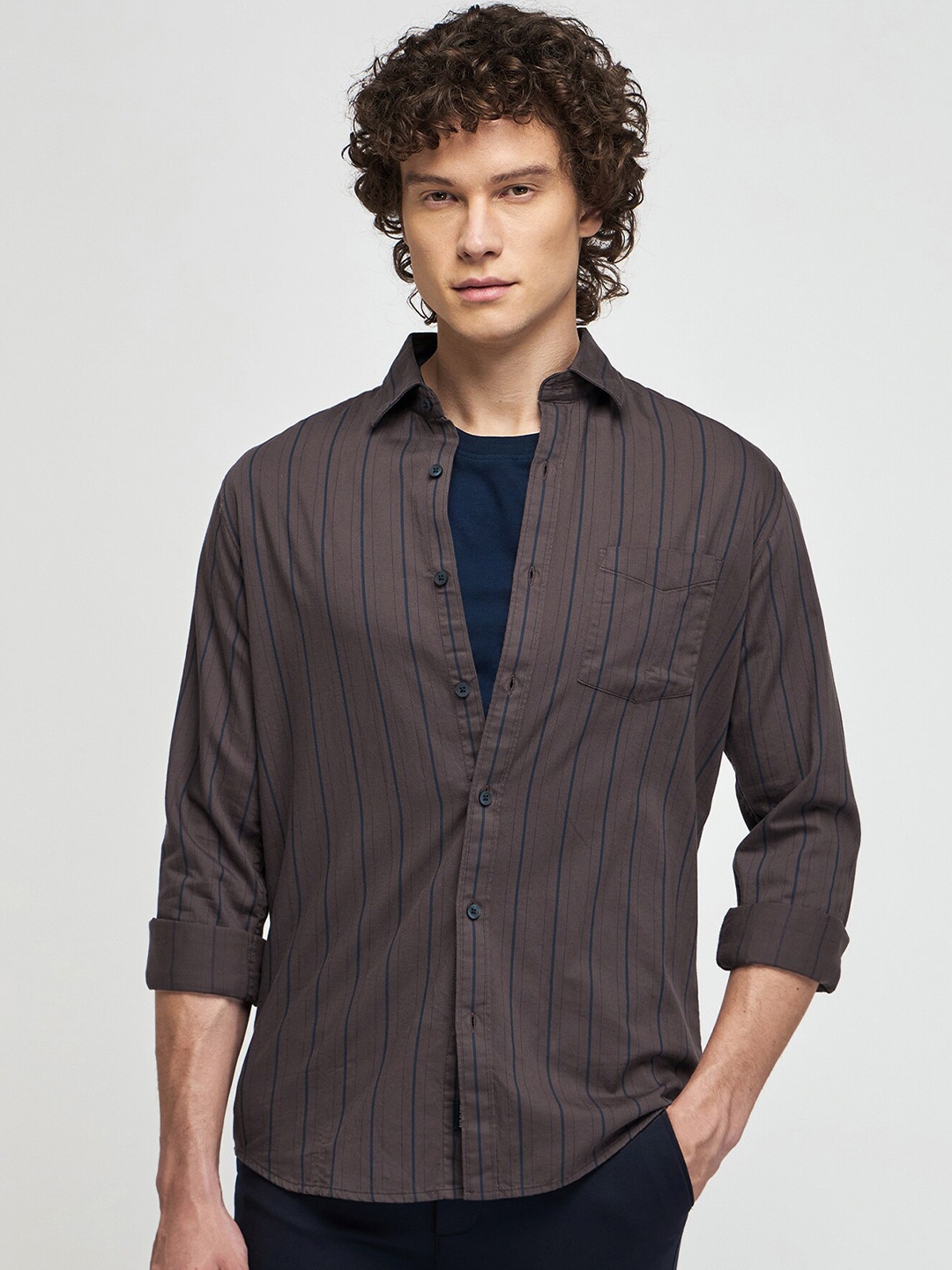 

Red Flame Striped Pure Cotton Casual Shirt, Brown