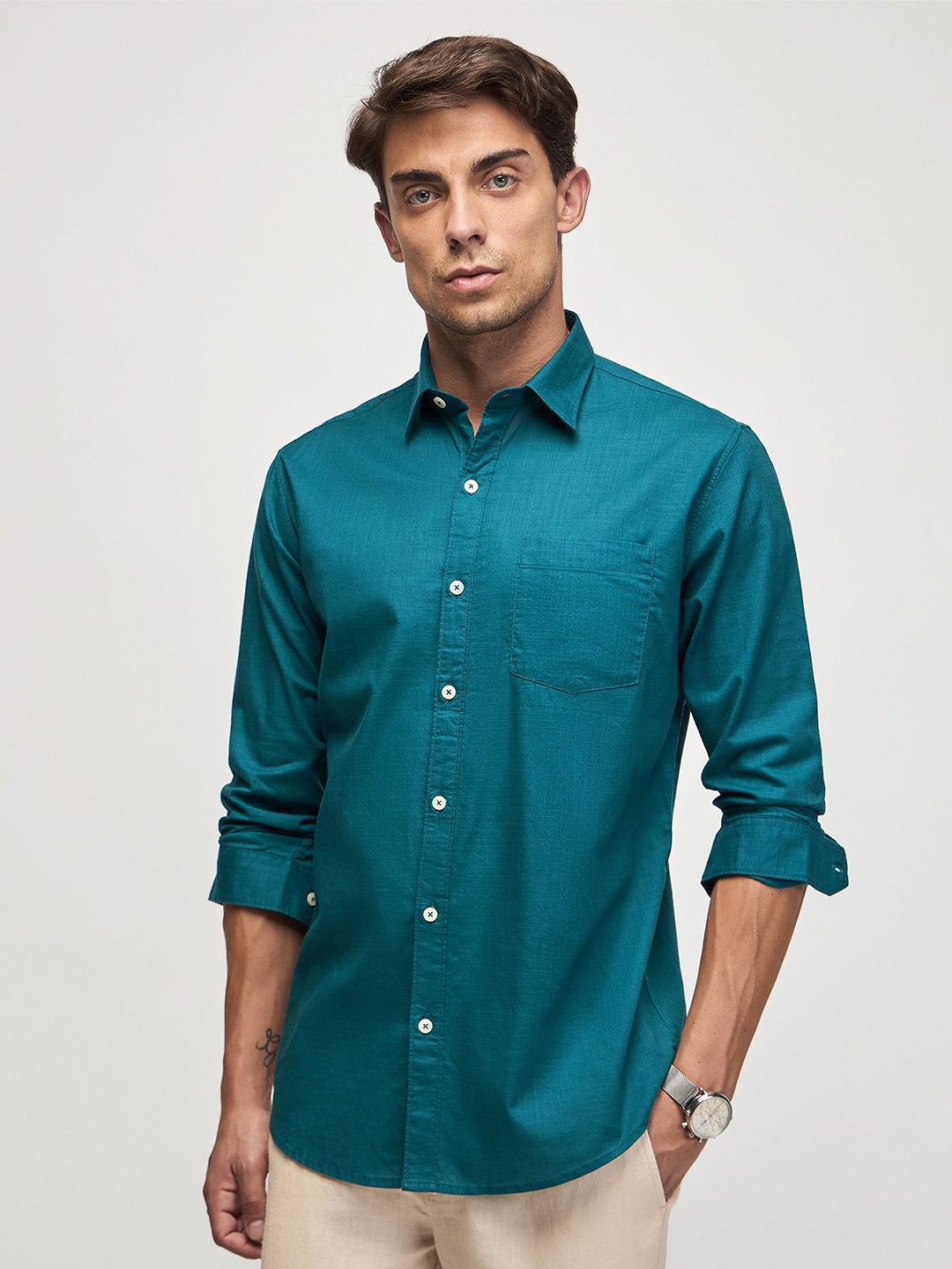 

Red Flame Spread Collar Cotton Casual Shirt, Teal