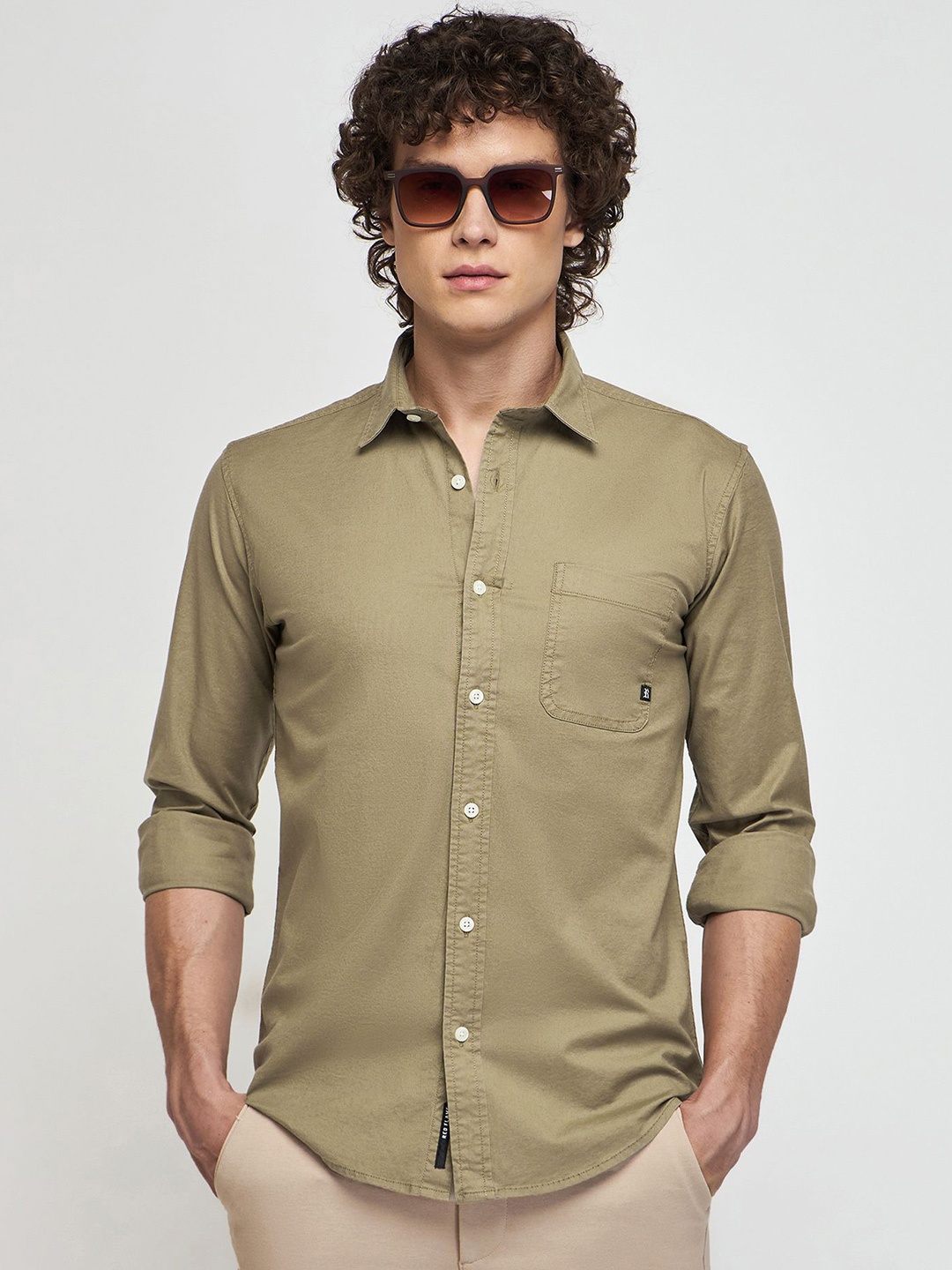 

Red Flame Spread Collar Cotton Casual Shirt, Khaki