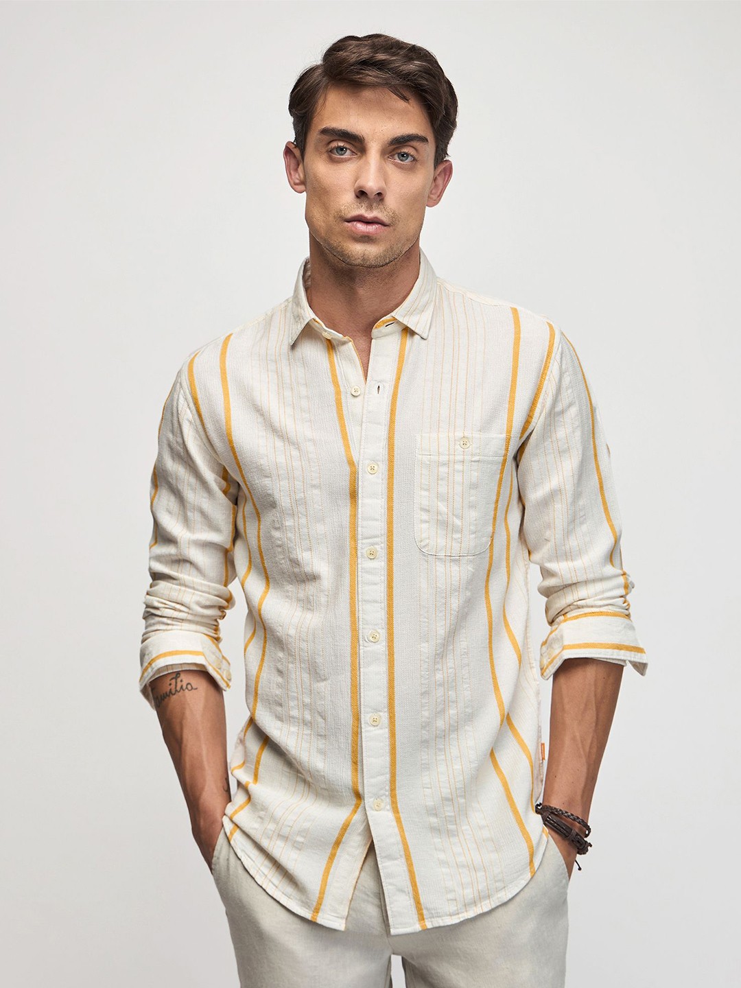 

Red Flame Horizontal Stripes Casual Shirt, Yellow