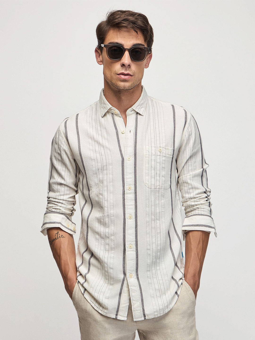 

Red Flame Striped Cotton Casual Shirt, Grey