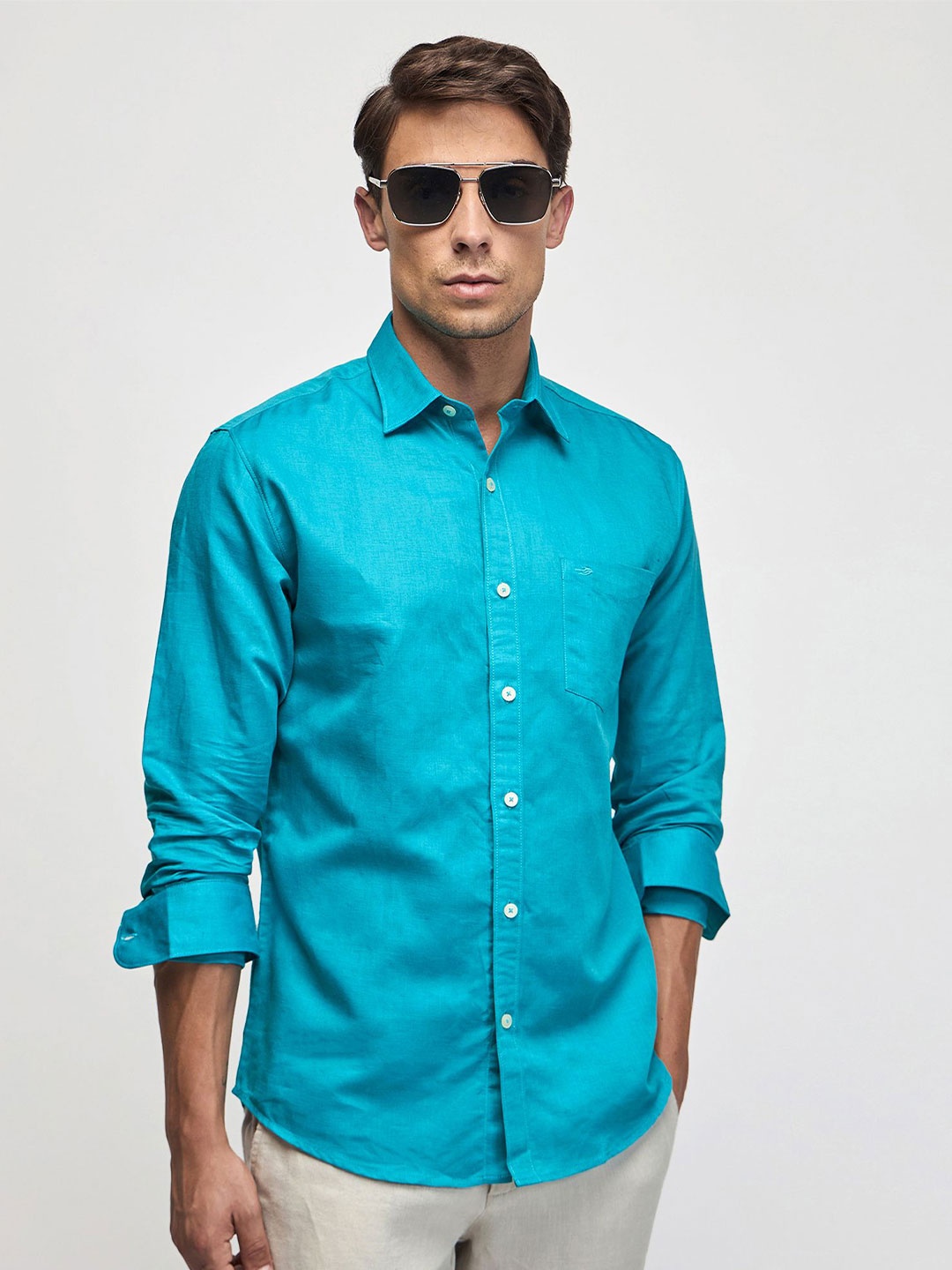 

Red Flame Spread Collar Cotton Linen Shirt, Blue