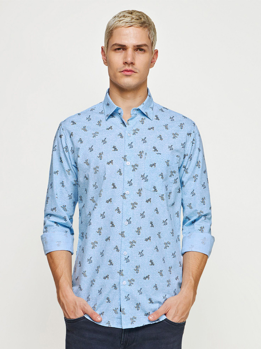 

Red Flame Floral Printed Cotton Casual Shirt, Blue