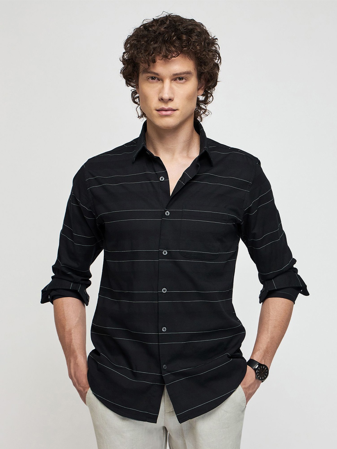 

Red Flame Horizontal Stripes Striped Pure Cotton Shirt, Black