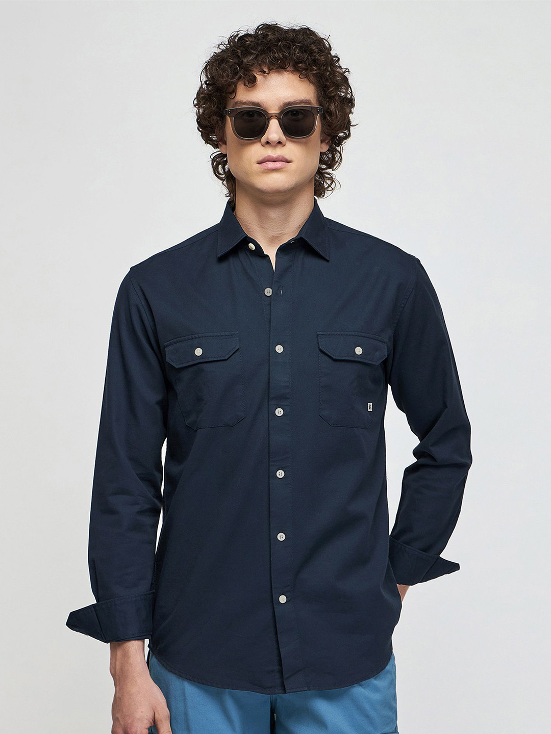 

Red Flame Spread Collar Pure Cotton Casual Shirt, Navy blue