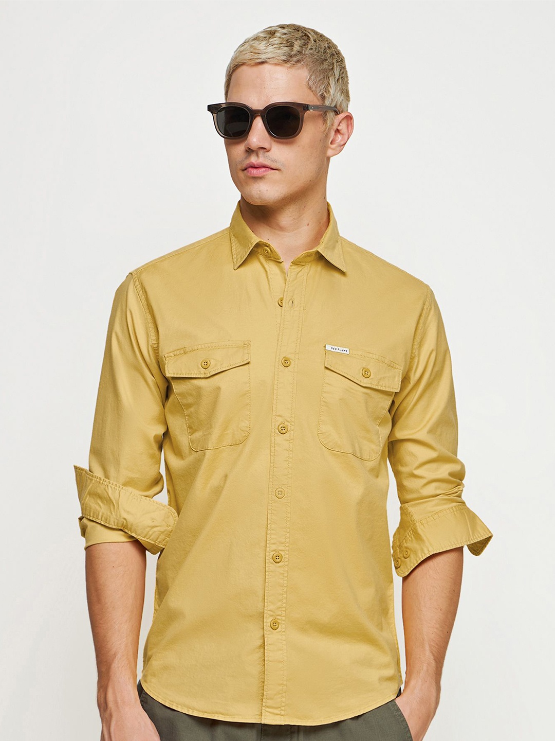 

Red Flame Spread Collar Long Sleeves Shirt, Mustard