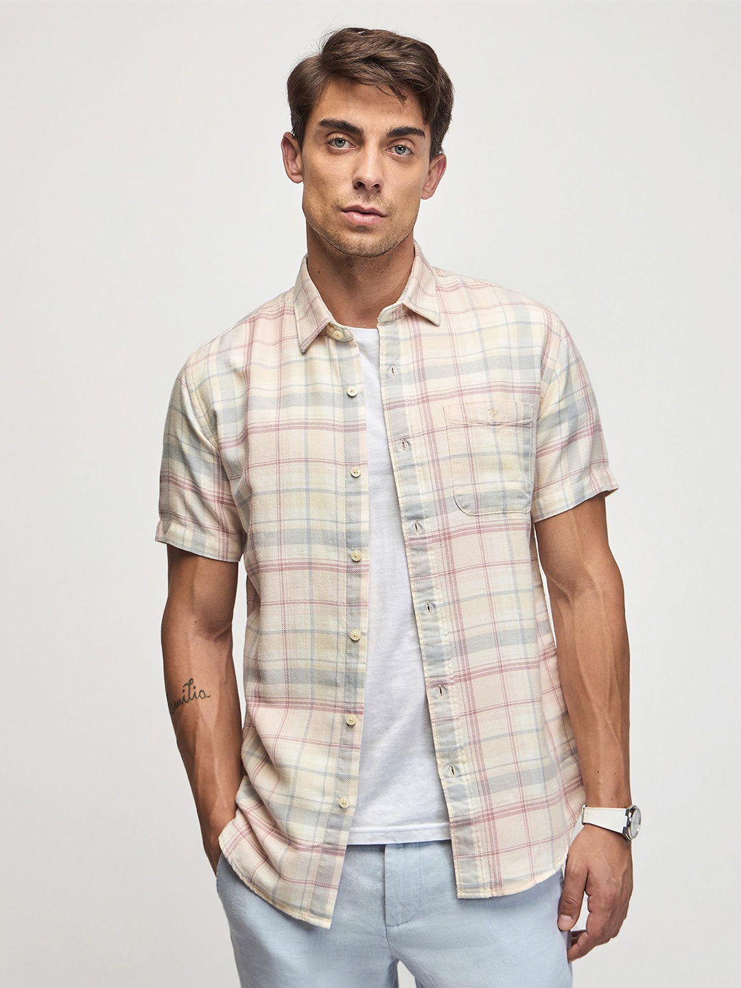 

Red Flame Tartan Checks Cotton Casual Shirt, Pink