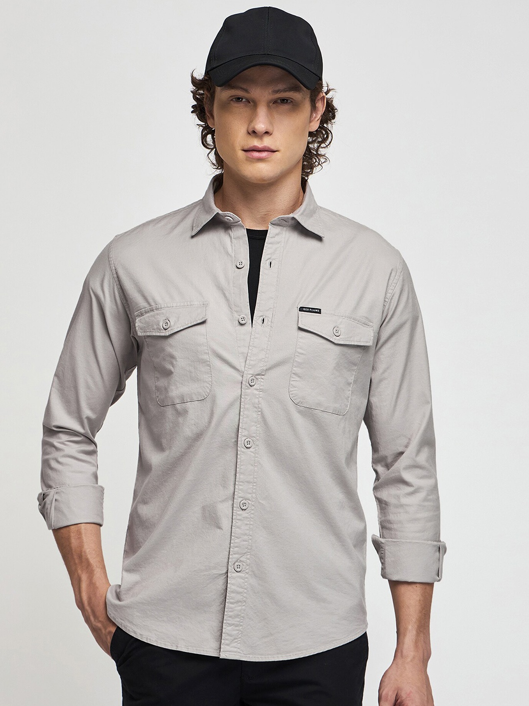 

Red Flame Spread Collar Long Sleeves Shirt, Grey