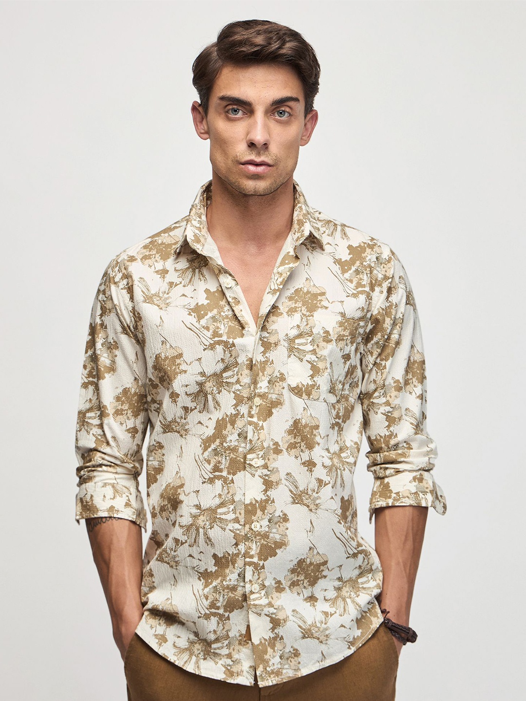 

Red Flame Floral Printed Cotton Casual Shirt, Khaki