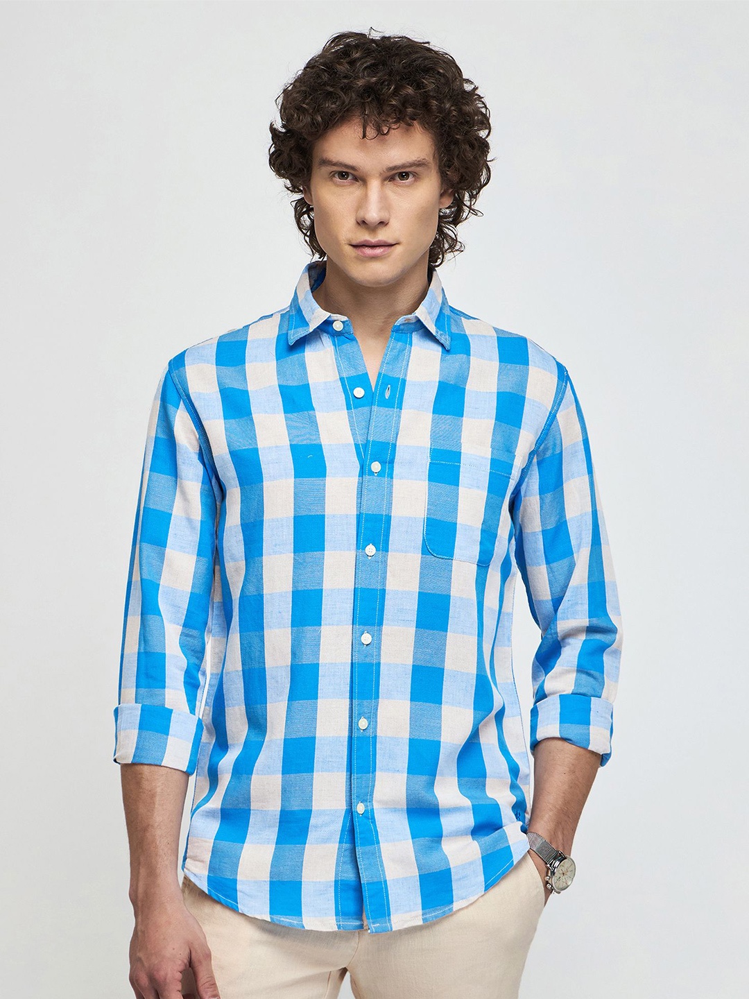 

Red Flame Checked Spread Collar Casual Shirt, Blue