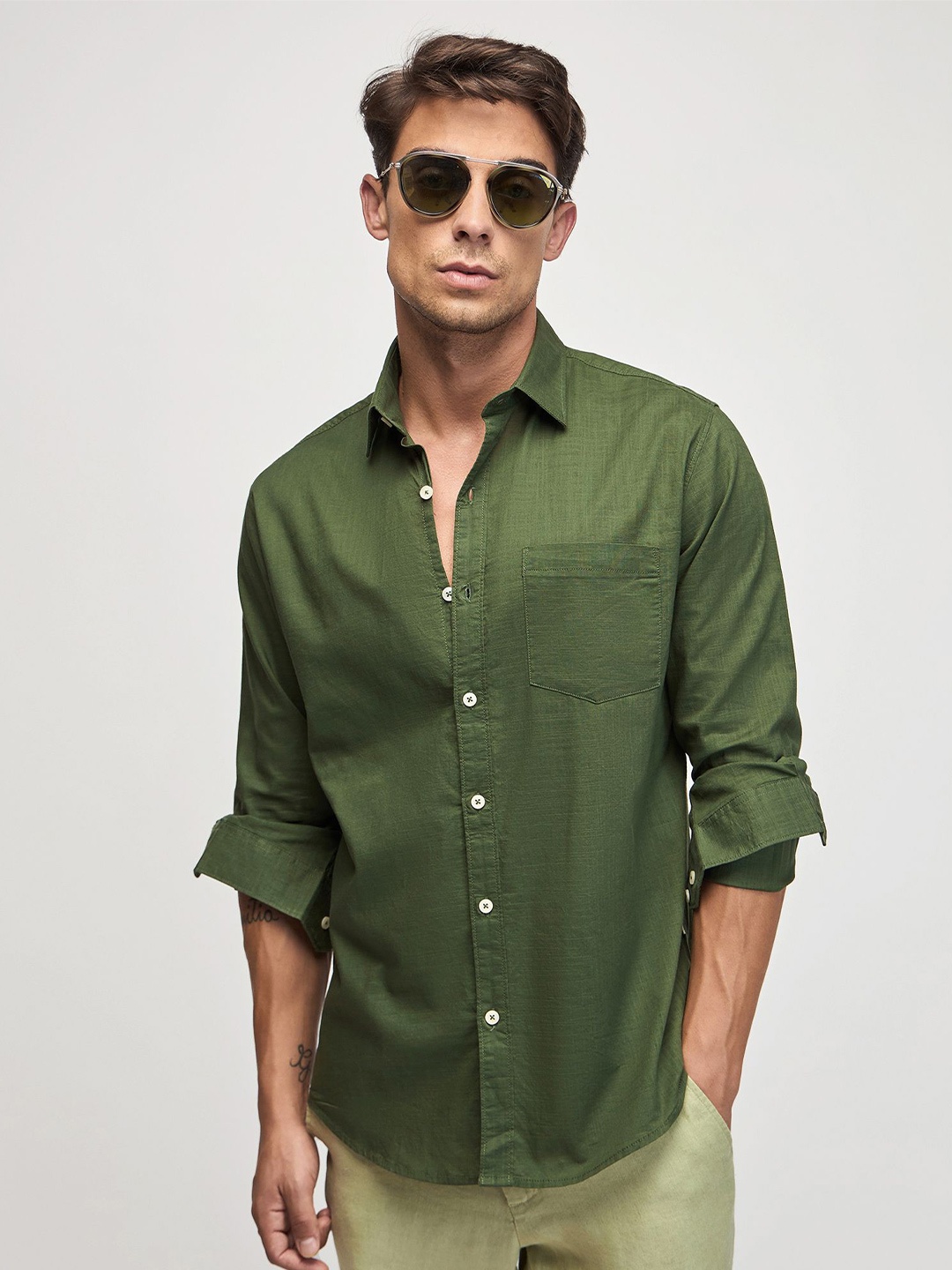 

Red Flame Spread Collar Cotton Casual Shirt, Olive