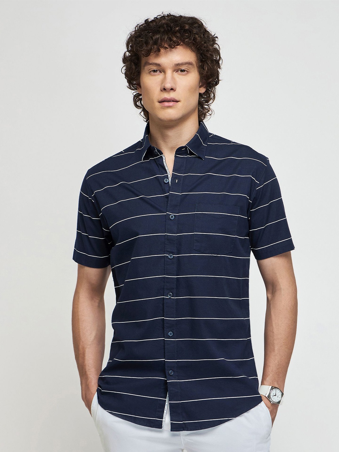 

Red Flame Horizontal Stripes Cotton Casual Shirt, Navy blue