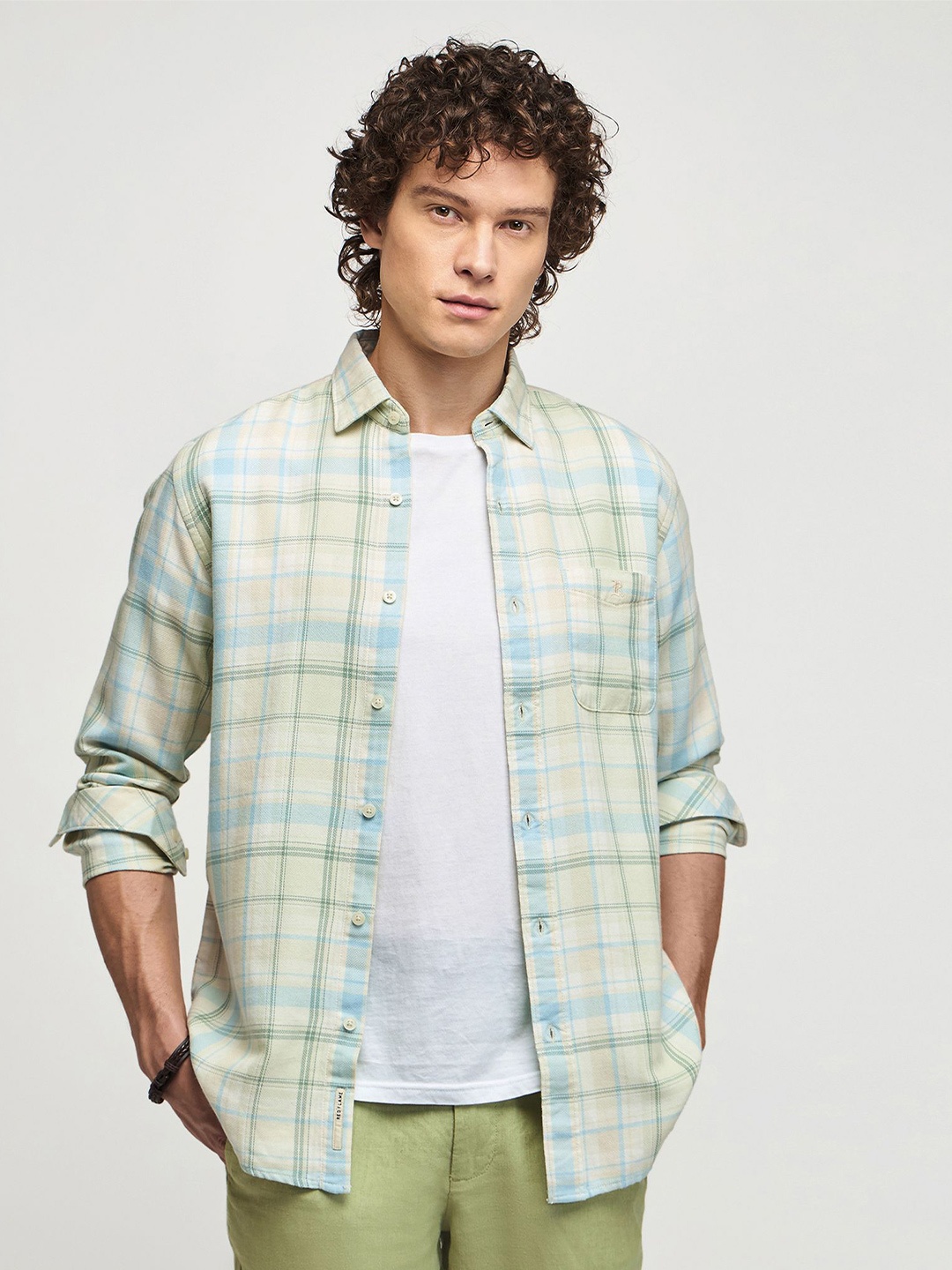 

Red Flame Tartan Checks Pure Cotton Casual Shirt, Green