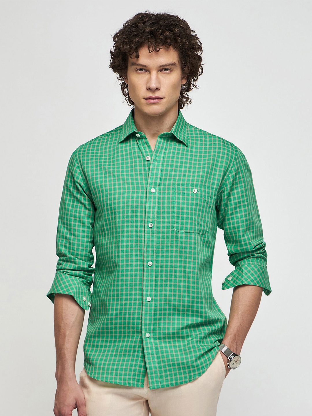 

Red Flame Checked Spread Collar Casual Shirt, Green