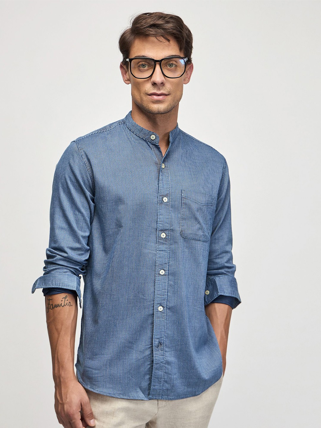 

Red Flame Striped Mandarin Collar Cotton Casual Shirt, Blue