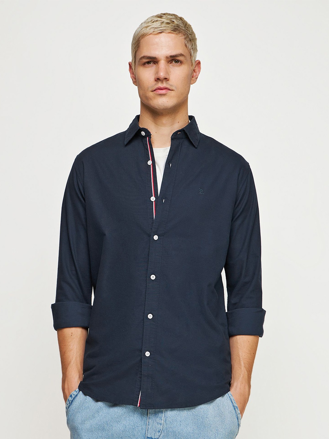 

Red Flame Spread Collar Cotton Casual Shirt, Navy blue
