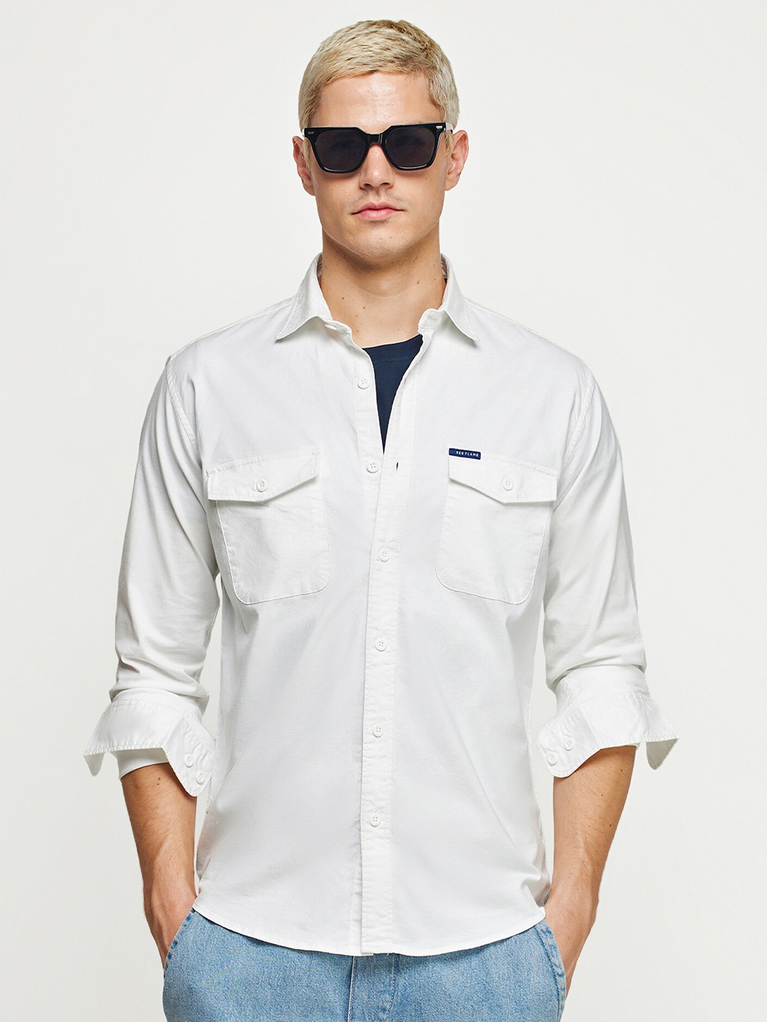 

Red Flame Spread Collar Cotton Casual Shirt, White