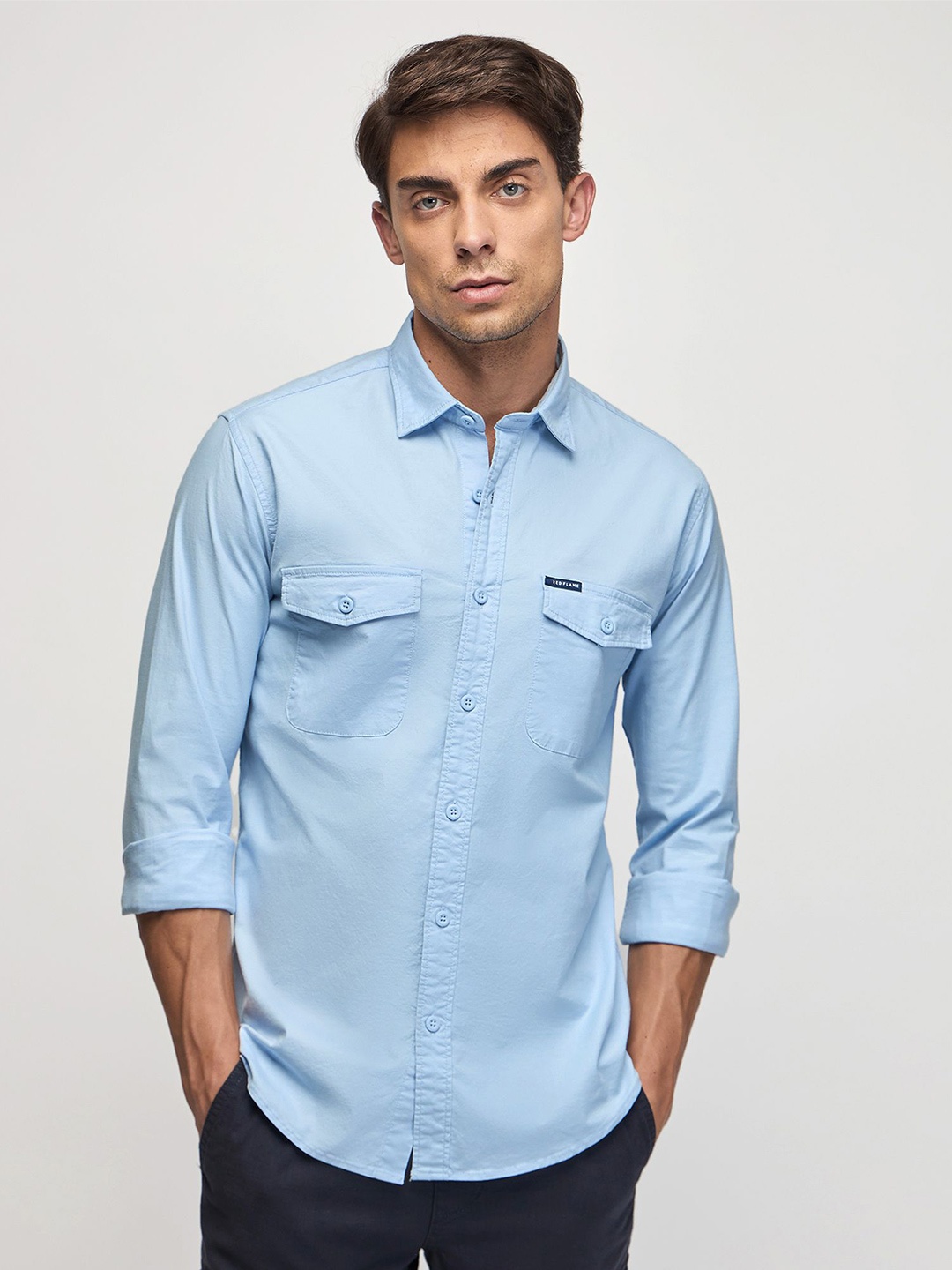 

Red Flame Spread Collar Cotton Casual Shirt, Blue