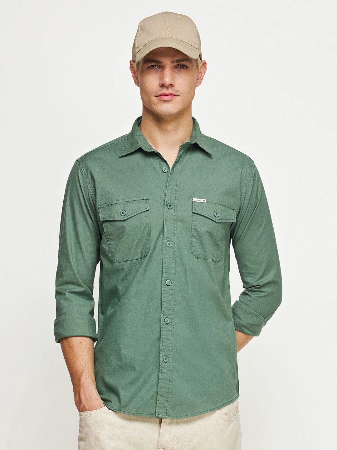 

Red Flame Spread Collar Long Sleeves Shirt, Green