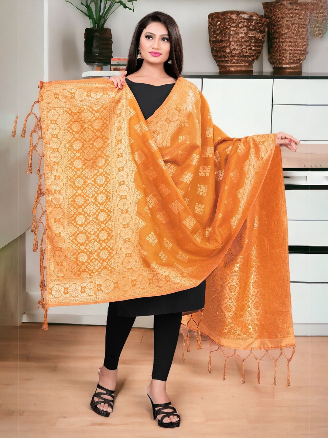 

CARTYSHOP Ethnic Motifs Woven Design Dupatta with Zari, Mustard