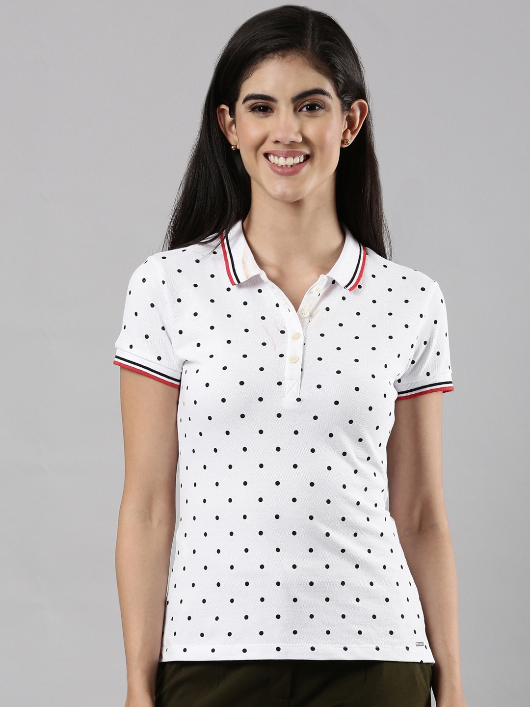 

Femmora Women Polo Collar Polka Dot Printed Pure Cotton T-shirt, White