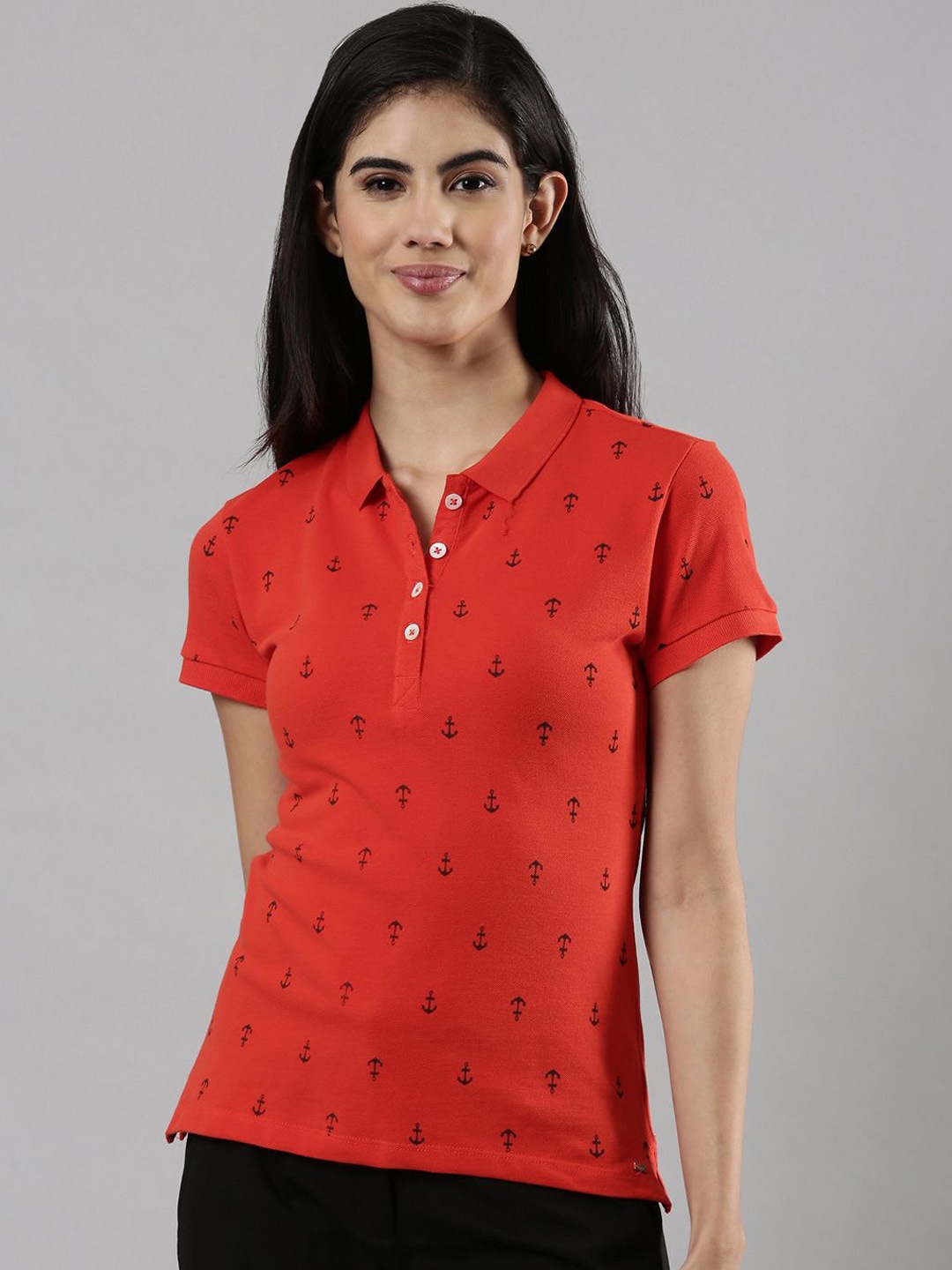 

Femmora Women Polo Collar Conversational Printed Pure Cotton T-shirt, Red