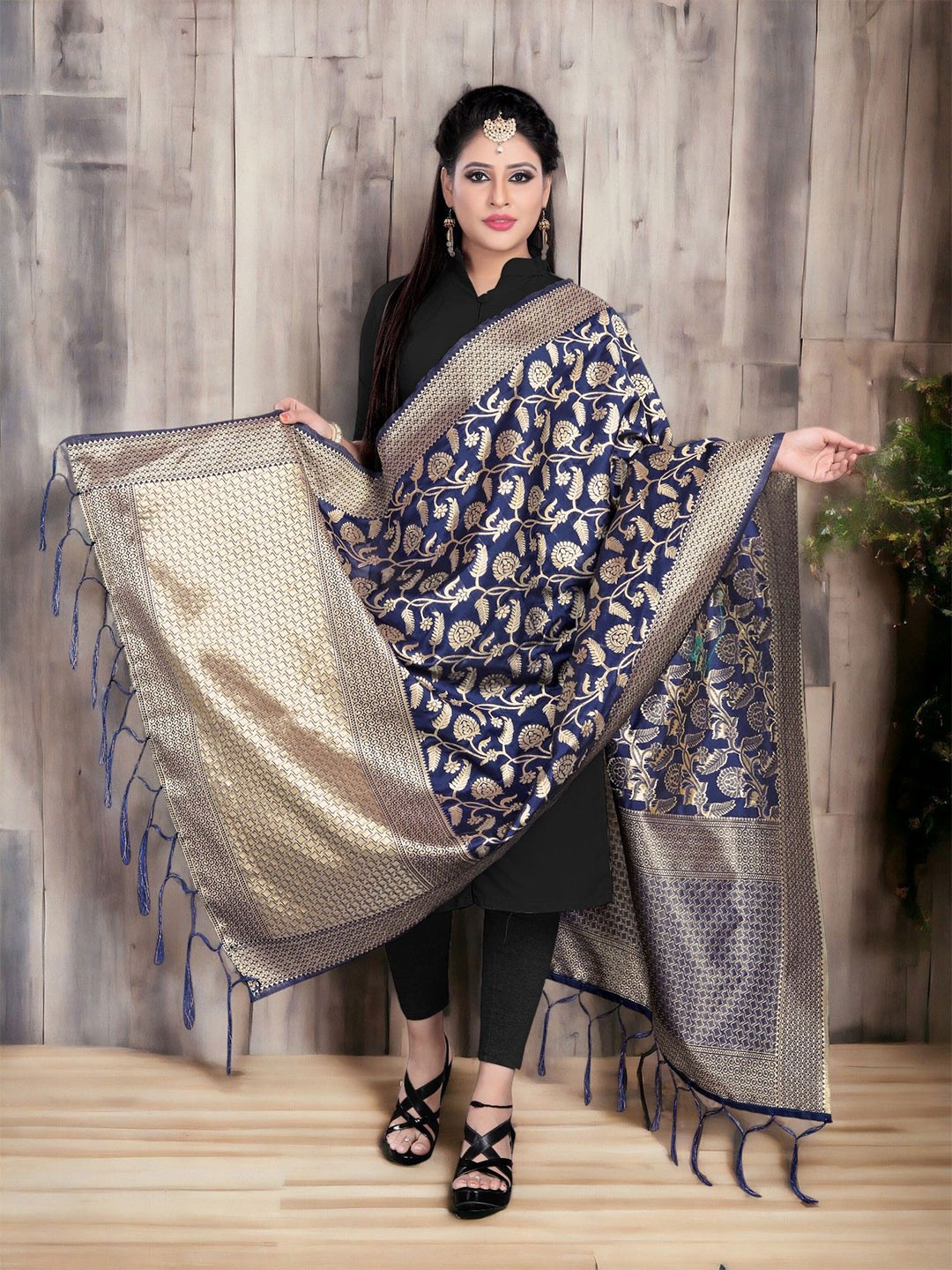 

CARTYSHOP Ethnic Motifs Woven Design Dupatta with Zari, Navy blue