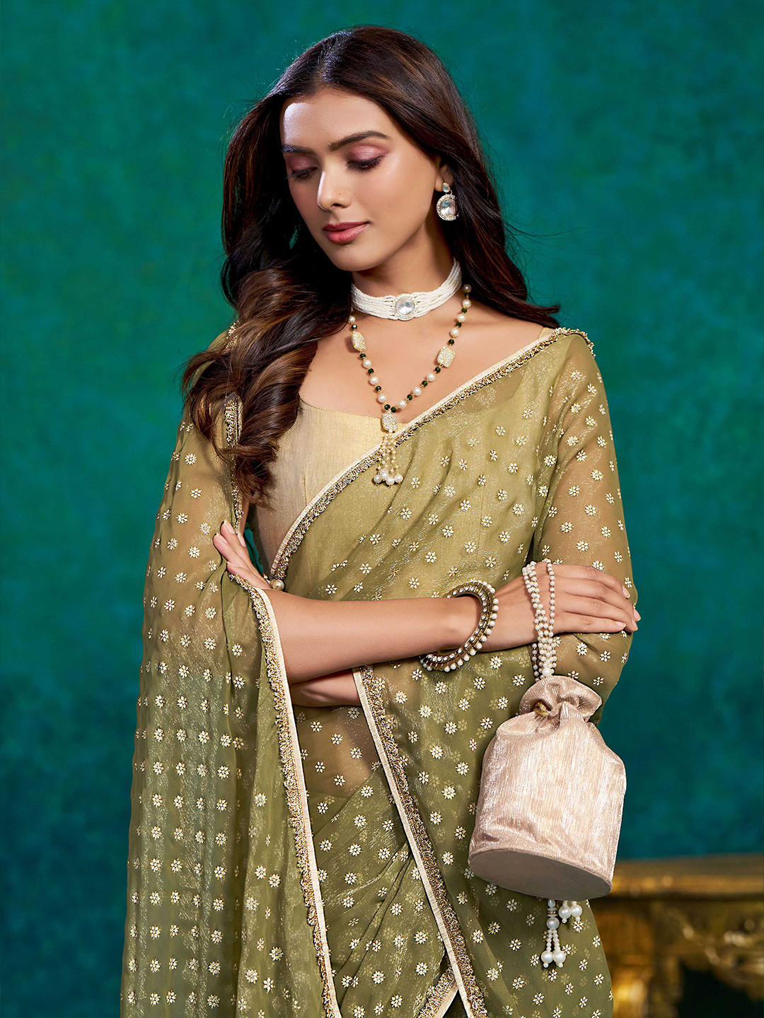 

Sangria Woven Design Beads and Stones Saree, Green