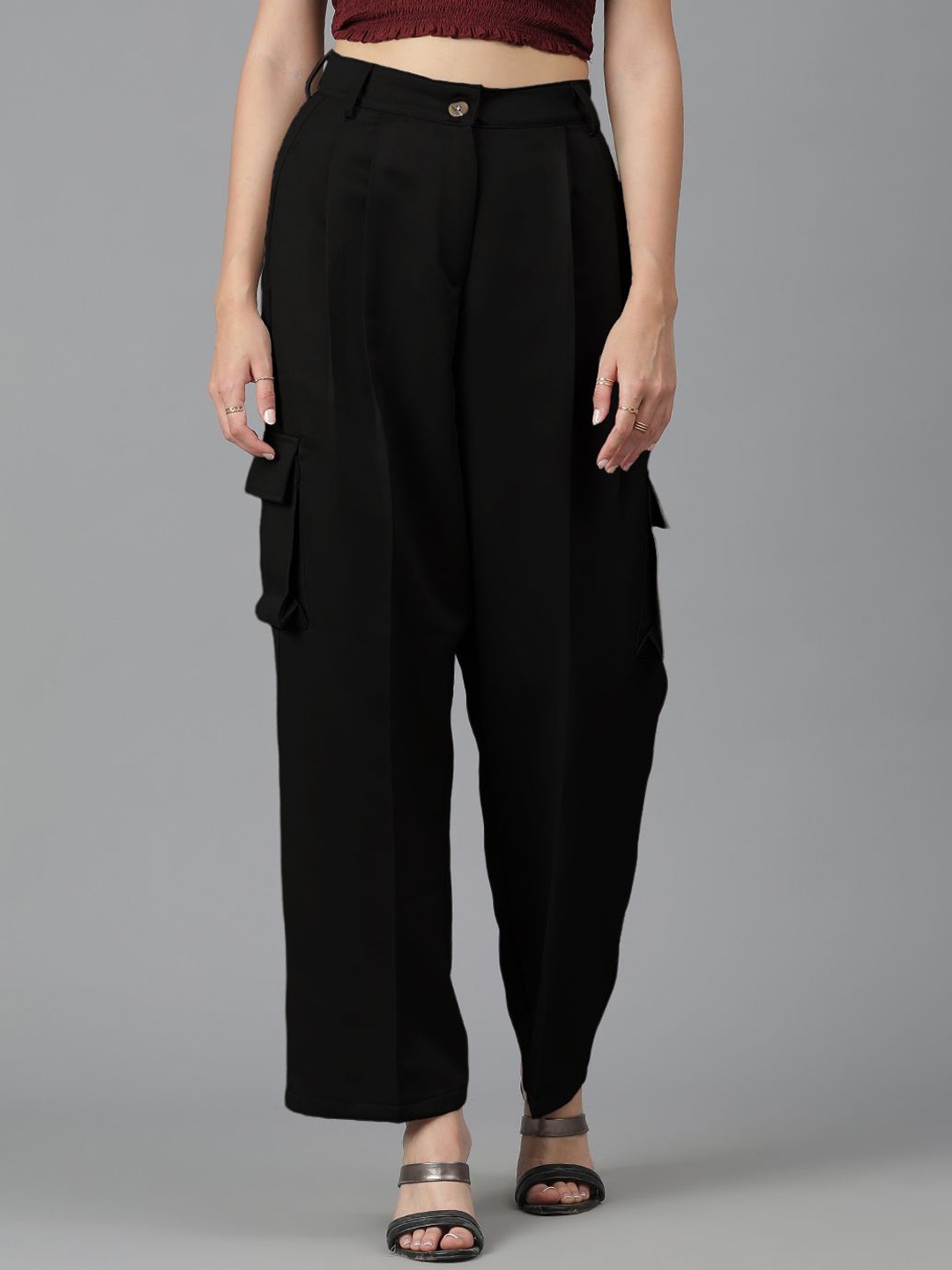 

Kotty Women Black Straight Fit High-Rise Pleated Cargos