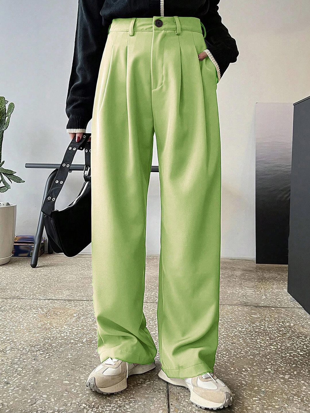 

Kotty Women Easy Wash Pleated Mid-Rise Parallel Trousers, Lime green