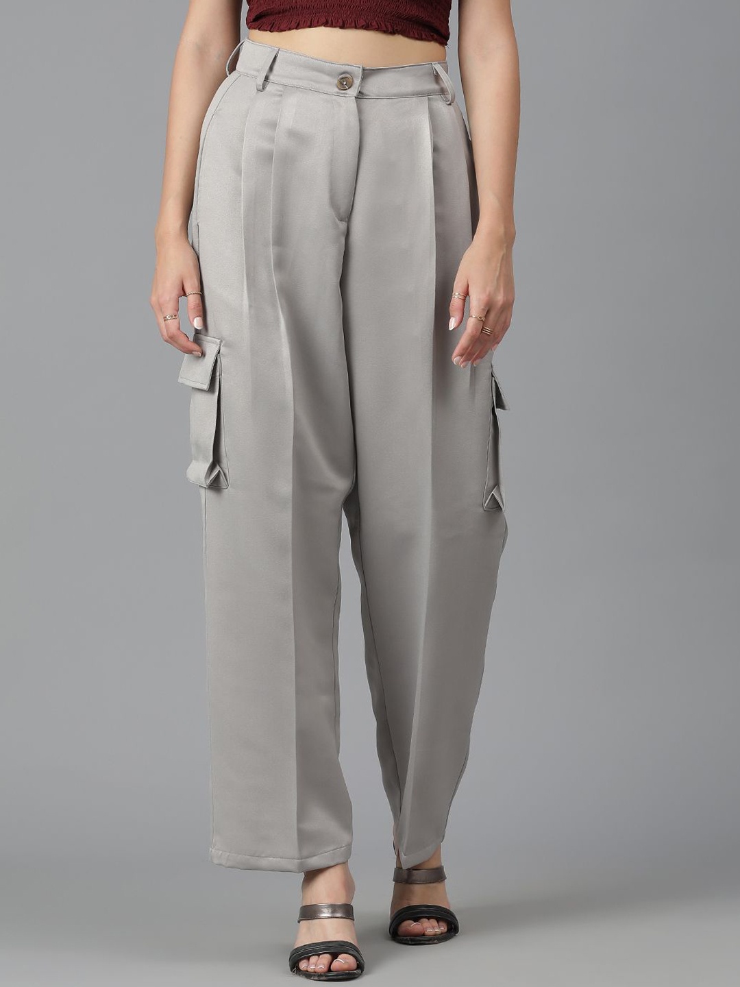 

Kotty Women Straight Fit High-Rise Easy Wash Cargos Trousers, Grey