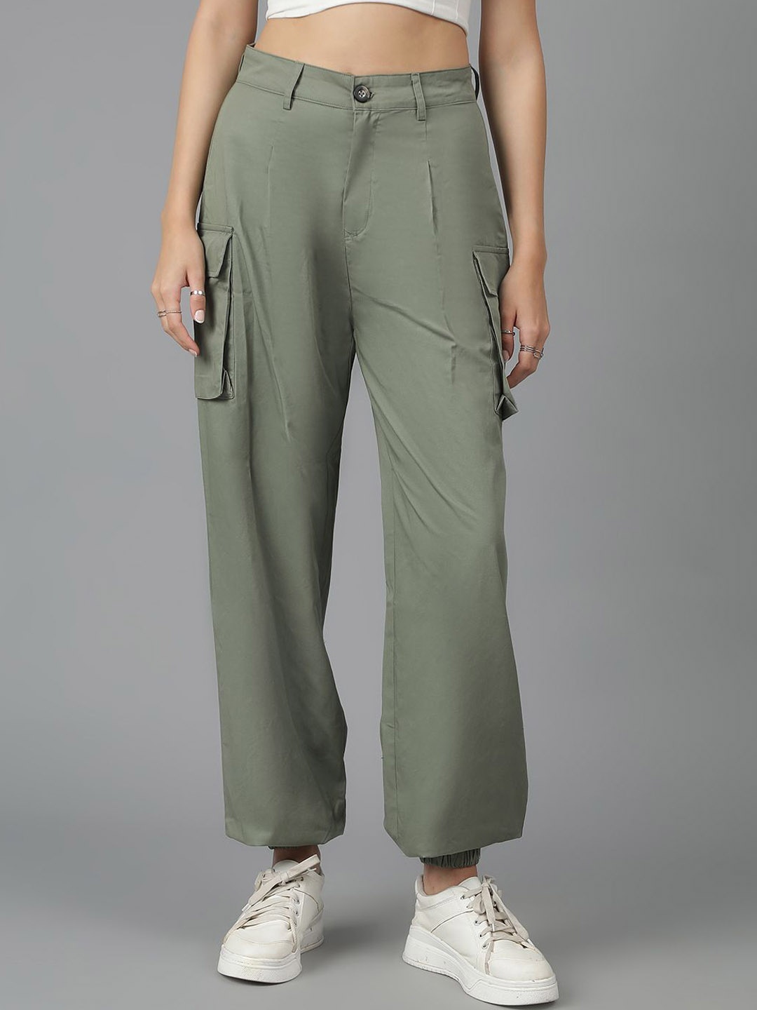 

Kotty Women High-Rise Easy Wash Cotton Cargos Trousers, Green