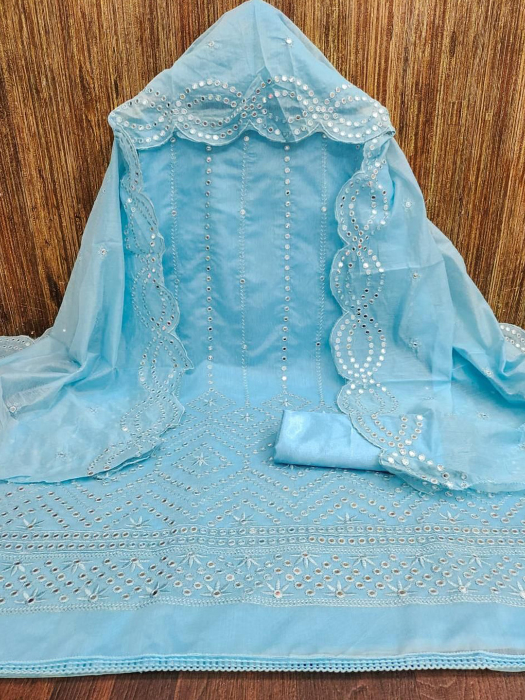 

ZEEPKART Floral Woven Design Mirror Work Unstitched Dress Material, Blue