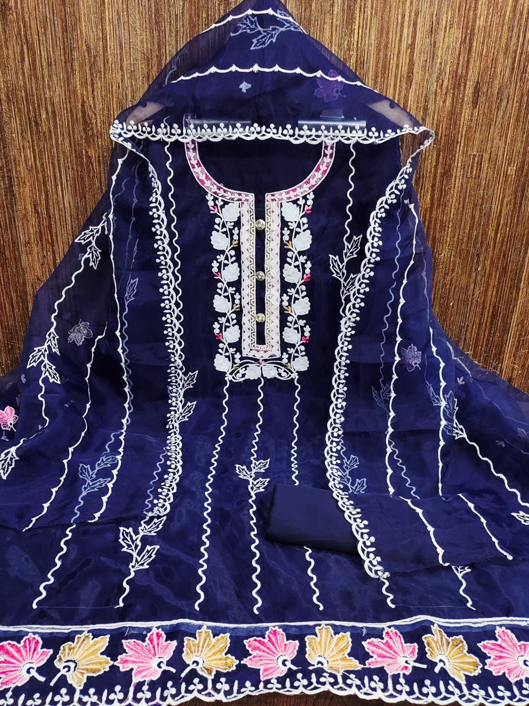 

ZEEPKART Ethnic Motifs Woven Design Organza Unstitched Dress Material, Blue