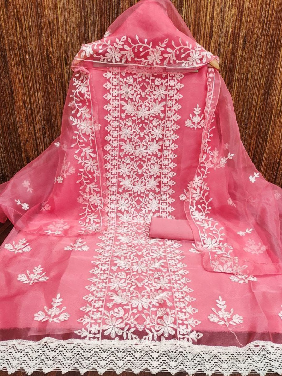

ZEEPKART Organza Unstitched Dress Material, Pink