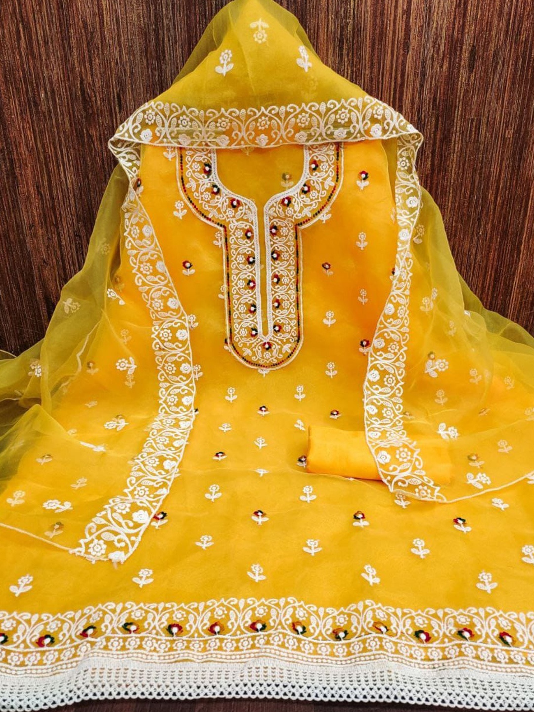 

ZEEPKART Ethnic Motifs Embroidered Unstitched Dress Material, Gold