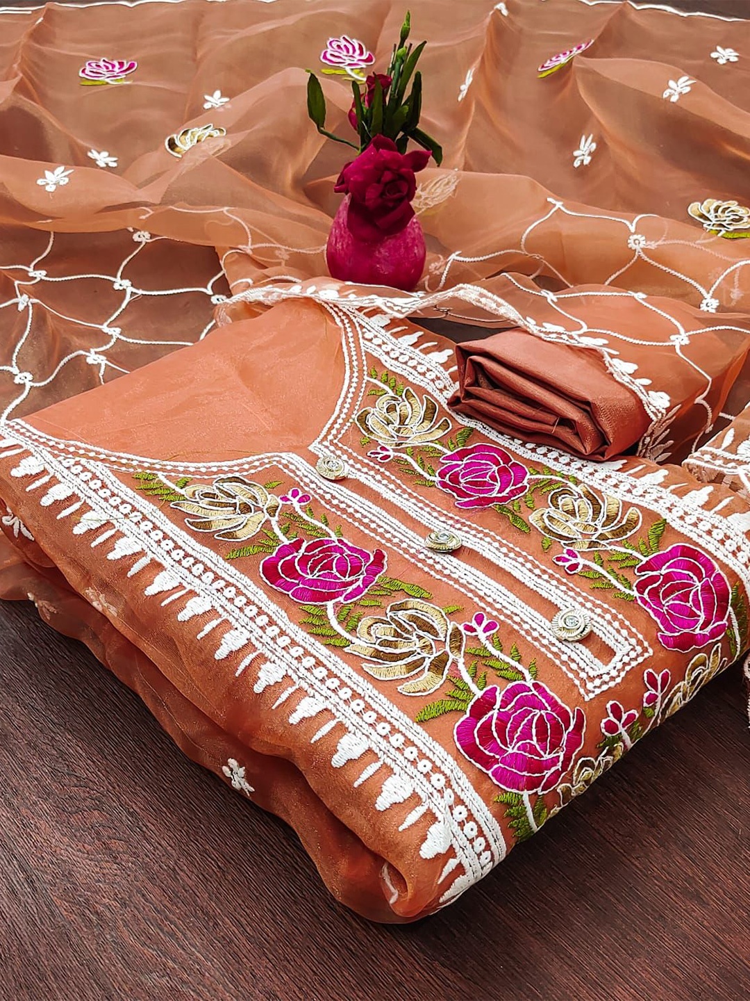 

ZEEPKART Ethnic Motifs Embroidered Organza Unstitched Dress Material, Orange