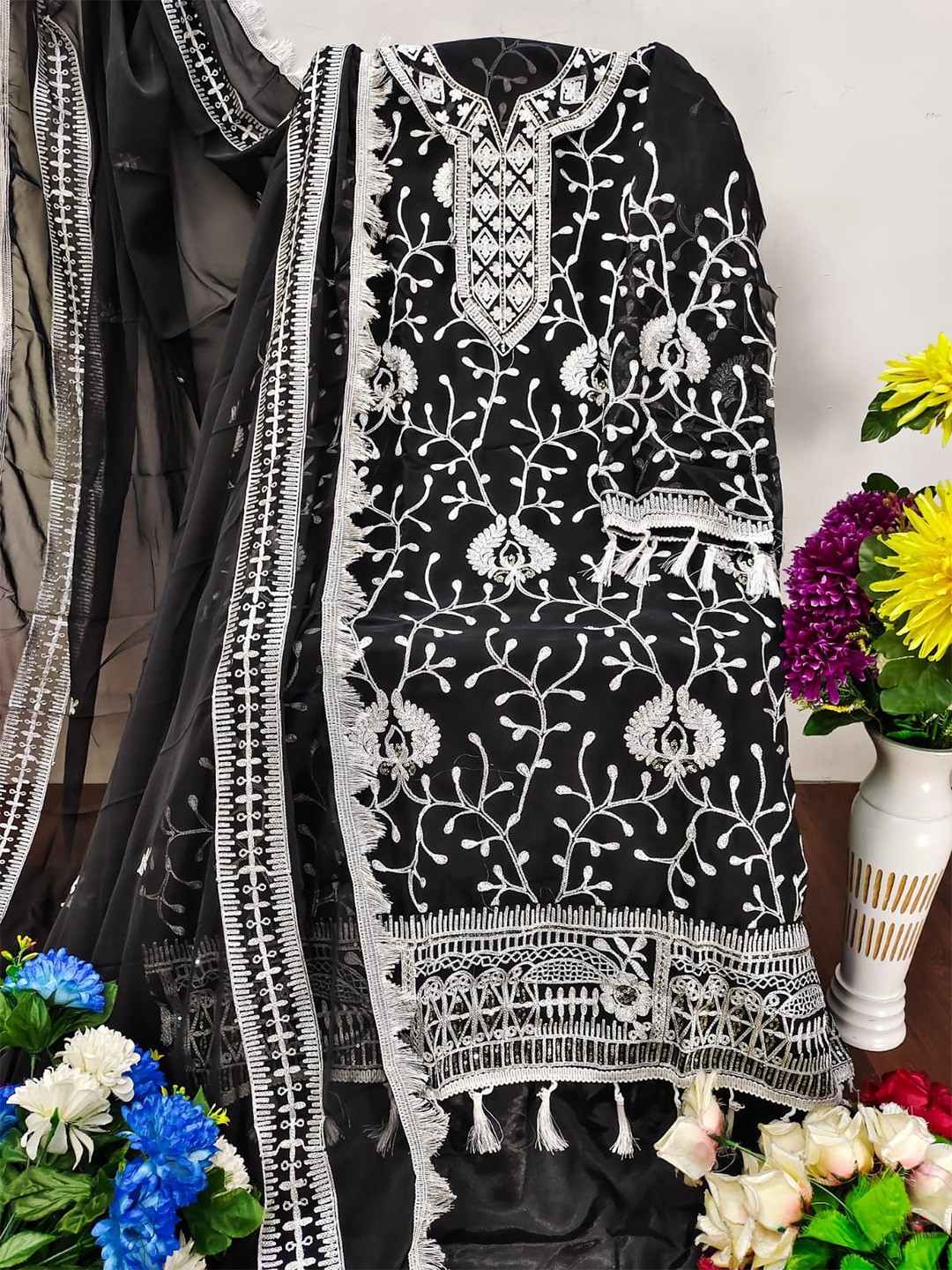 

ZEEPKART Embroidered Unstitched Dress Material, Black